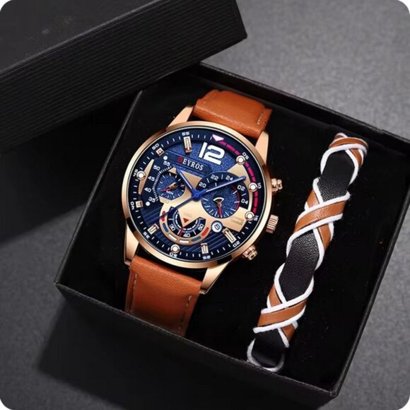 2PCS Set Fashion Men Watch W/Bracelet Luxury Business Casual Brown Leather Strap - Picture 1 of 6
